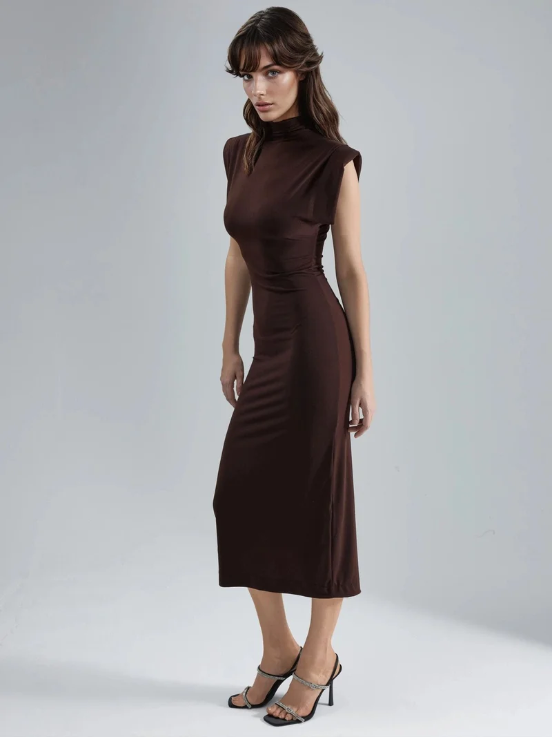 Busem Coffee Brown BUSEM Padded Slit Detailed Midi Dress for Women | Best Price UAE